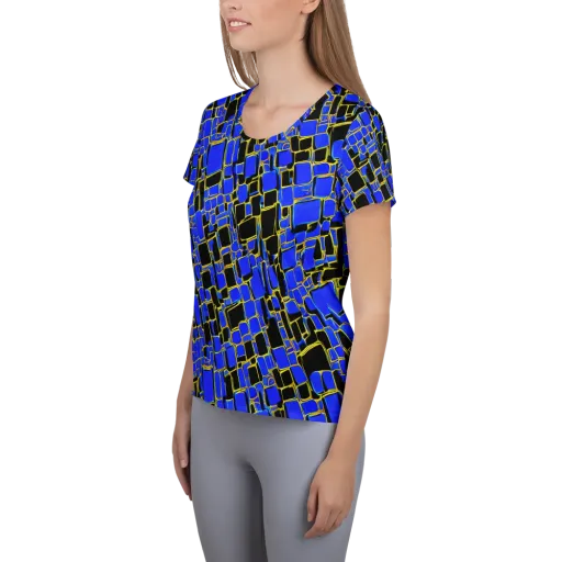 Blue Gold Matrix on a Women's Athletic T-Shirt