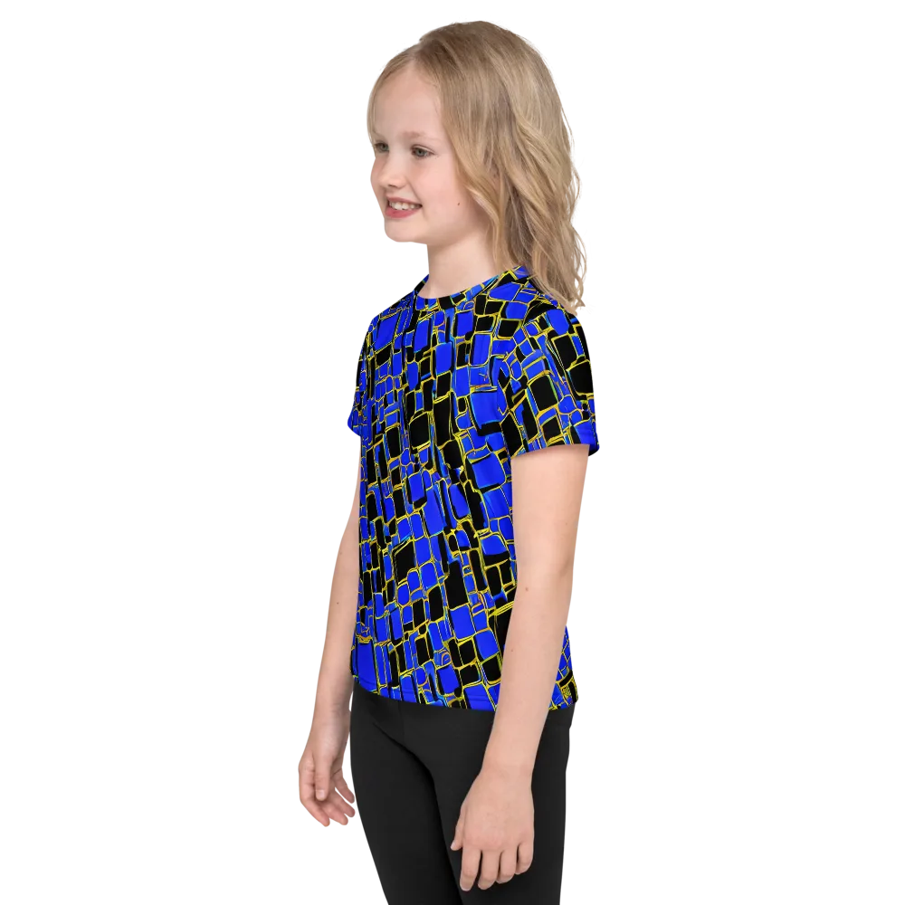 Blue Gold Matrix on Kids Crew Neck T-Shirt — Left