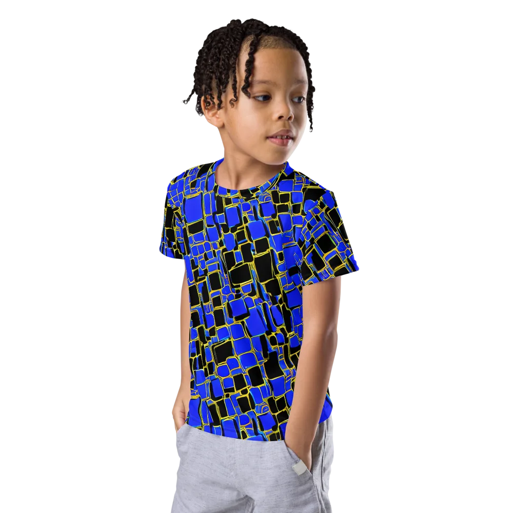 Blue Gold Matrix on Kids Crew Neck T-Shirt — Left Front