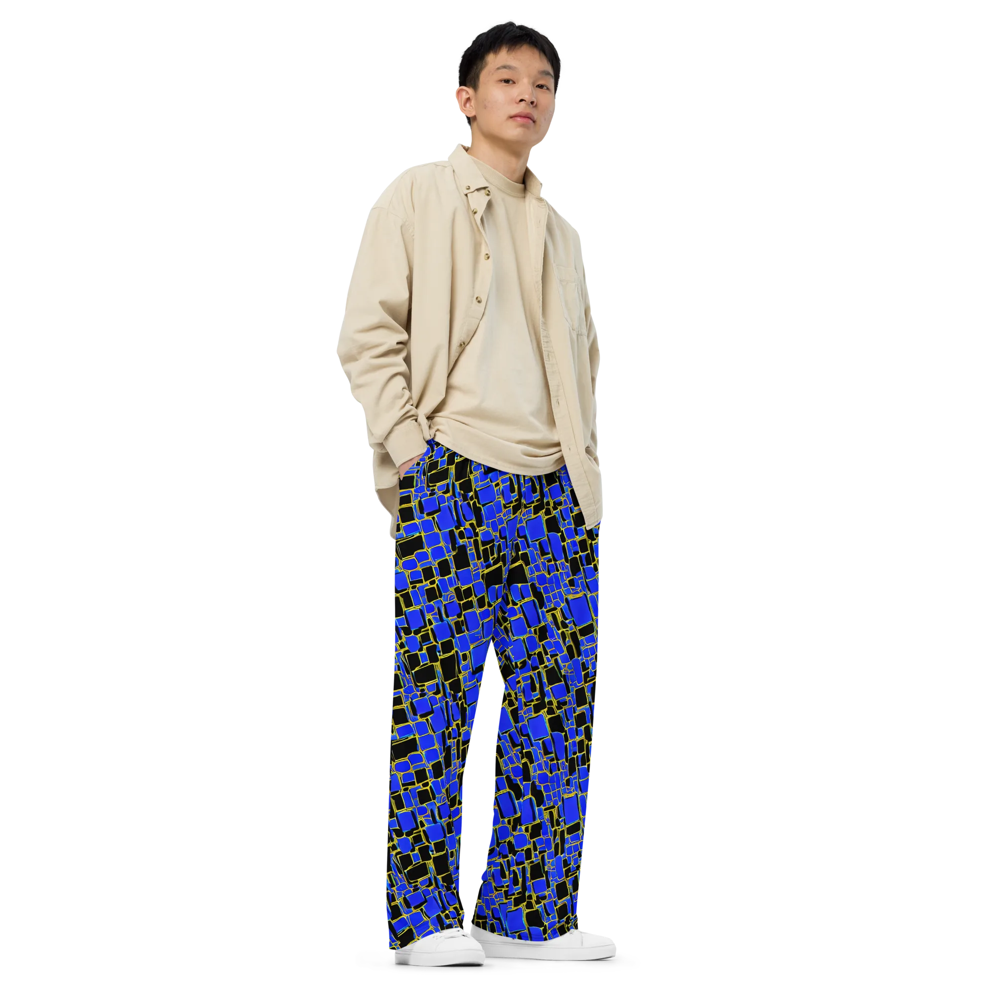 Blue Gold Matrix on Wide-Leg Pants — Right Front