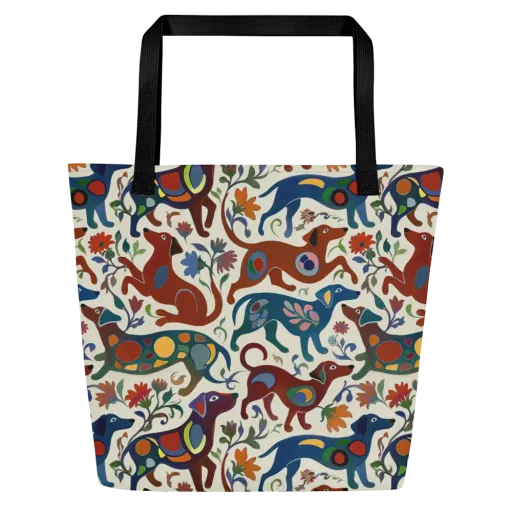 Folk Hounds on a Large Tote Bag W/ Pocket