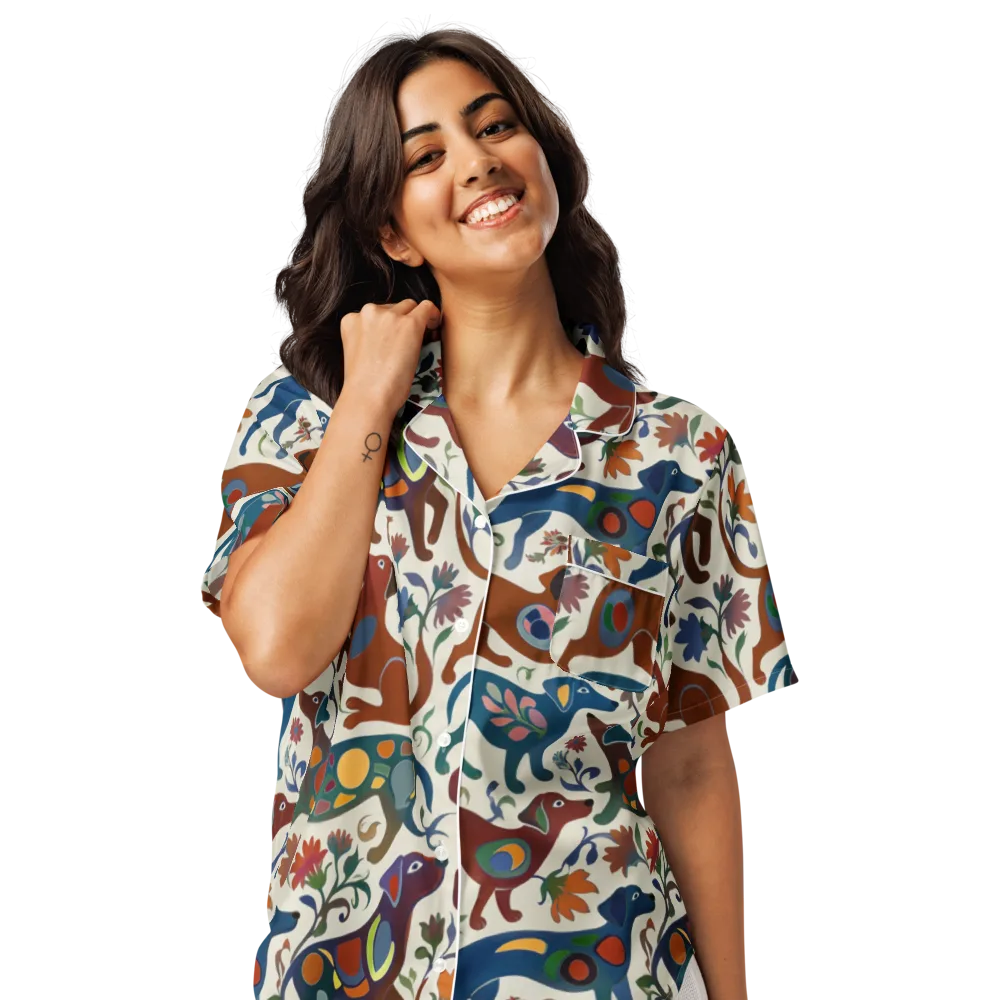 Folk Hounds on Women's Short Sleeve Pajama Top — Front