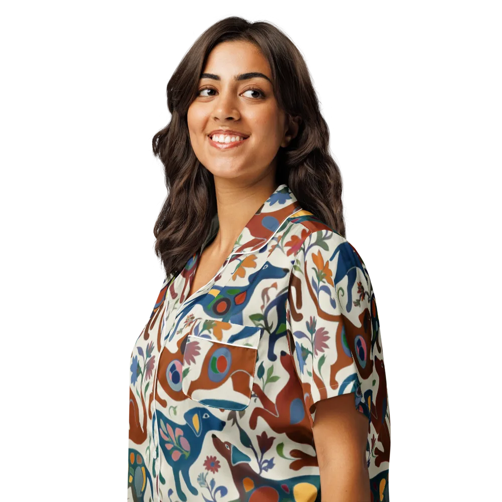 Folk Hounds on Women's Short Sleeve Pajama Top — Left Front