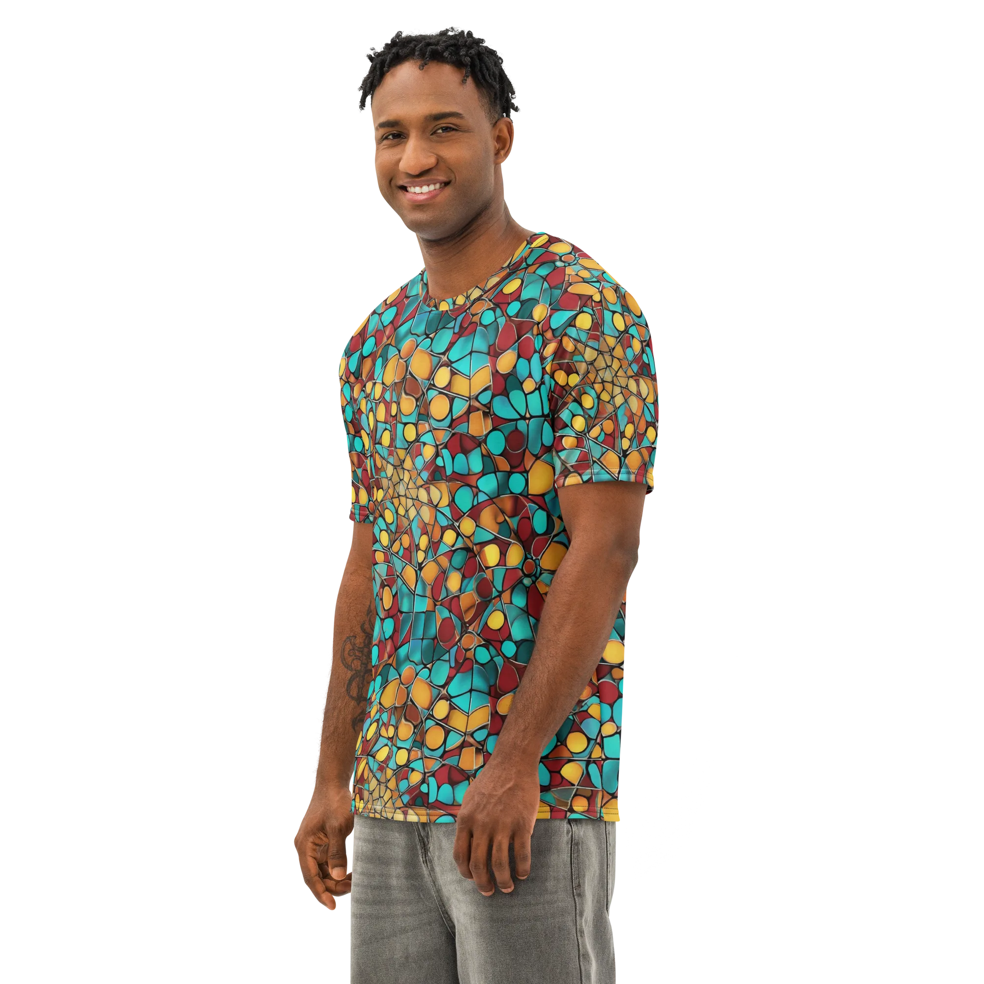 Turquoise Mosaic on Men's Cotton Crew Neck T-Shirt — Left Front