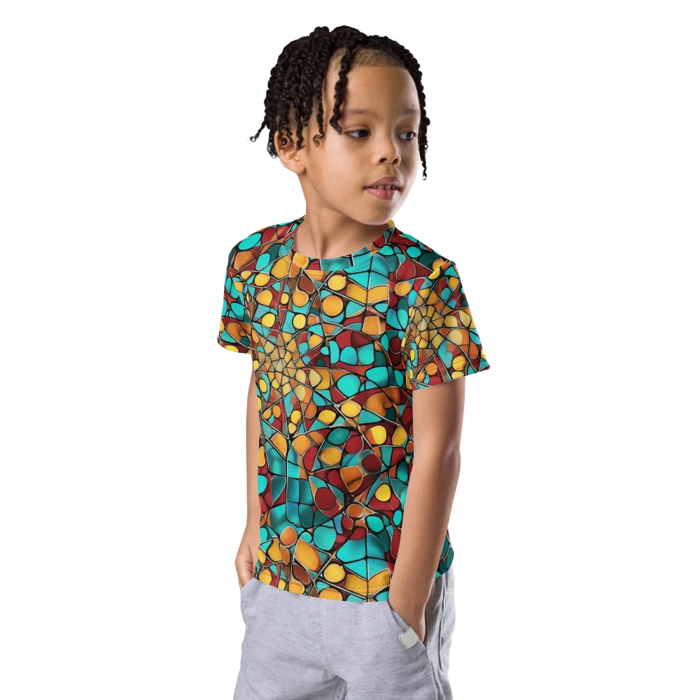 Turquoise Mosaic on Kids Crew Neck T-Shirt — Left Front
