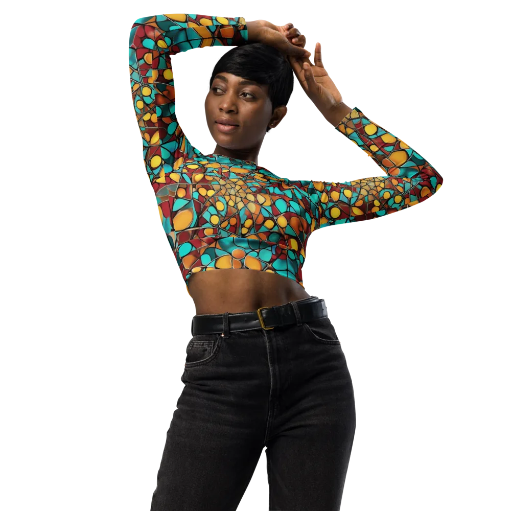 Turquoise Mosaic on Long Sleeve Crop Top — Front
