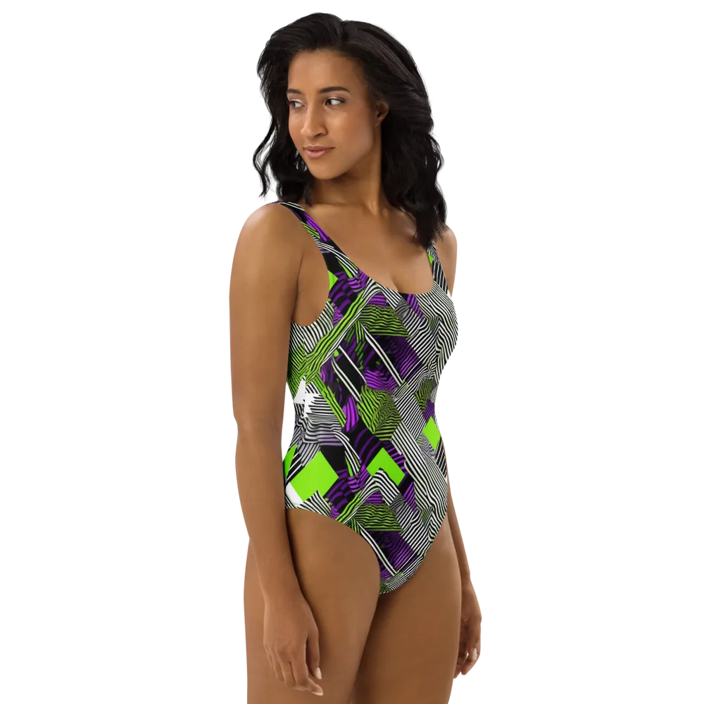 Neon Zebra Logic on One-Piece Swimsuit — Right