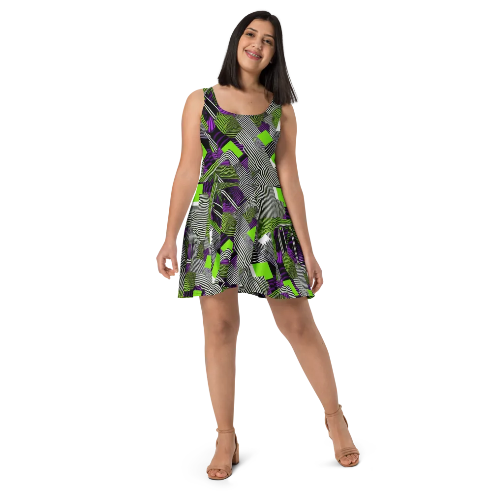 Neon Zebra Logic on Skater Dress — Front