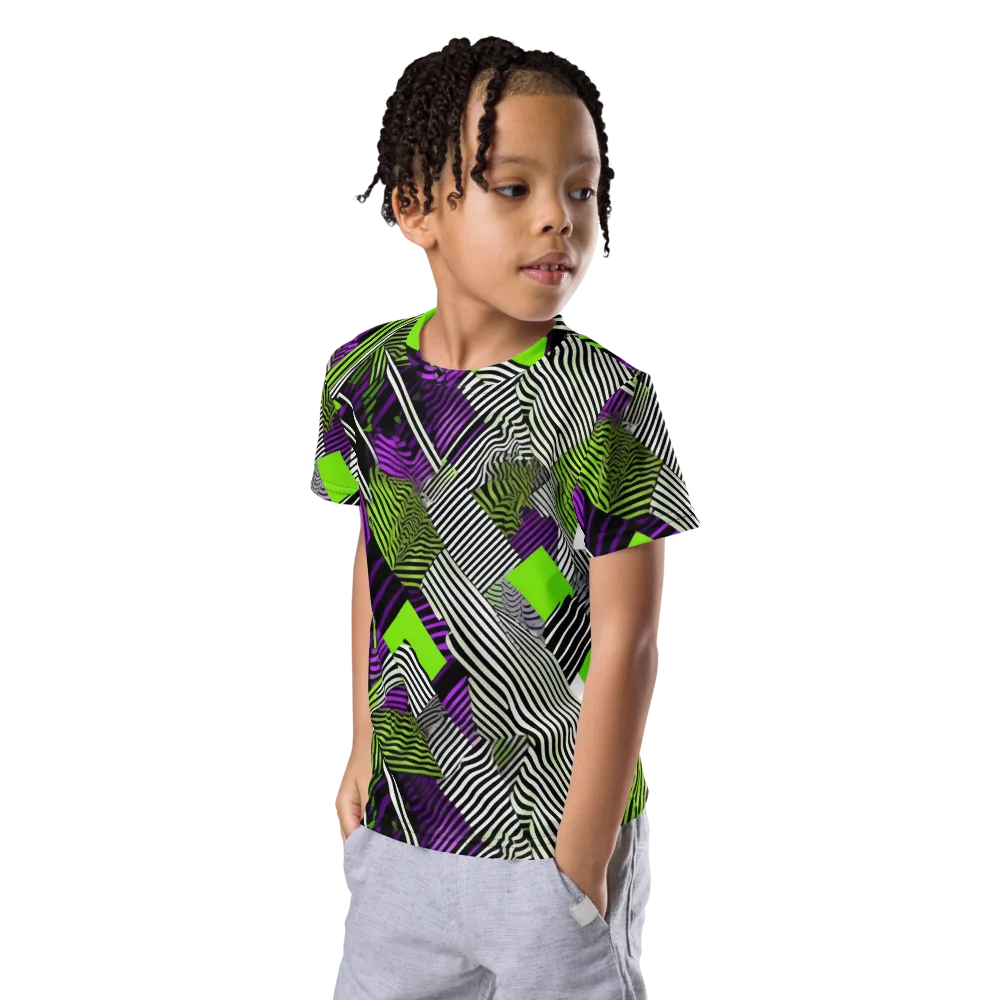 Neon Zebra Logic on Kids Crew Neck T-Shirt — Left Front