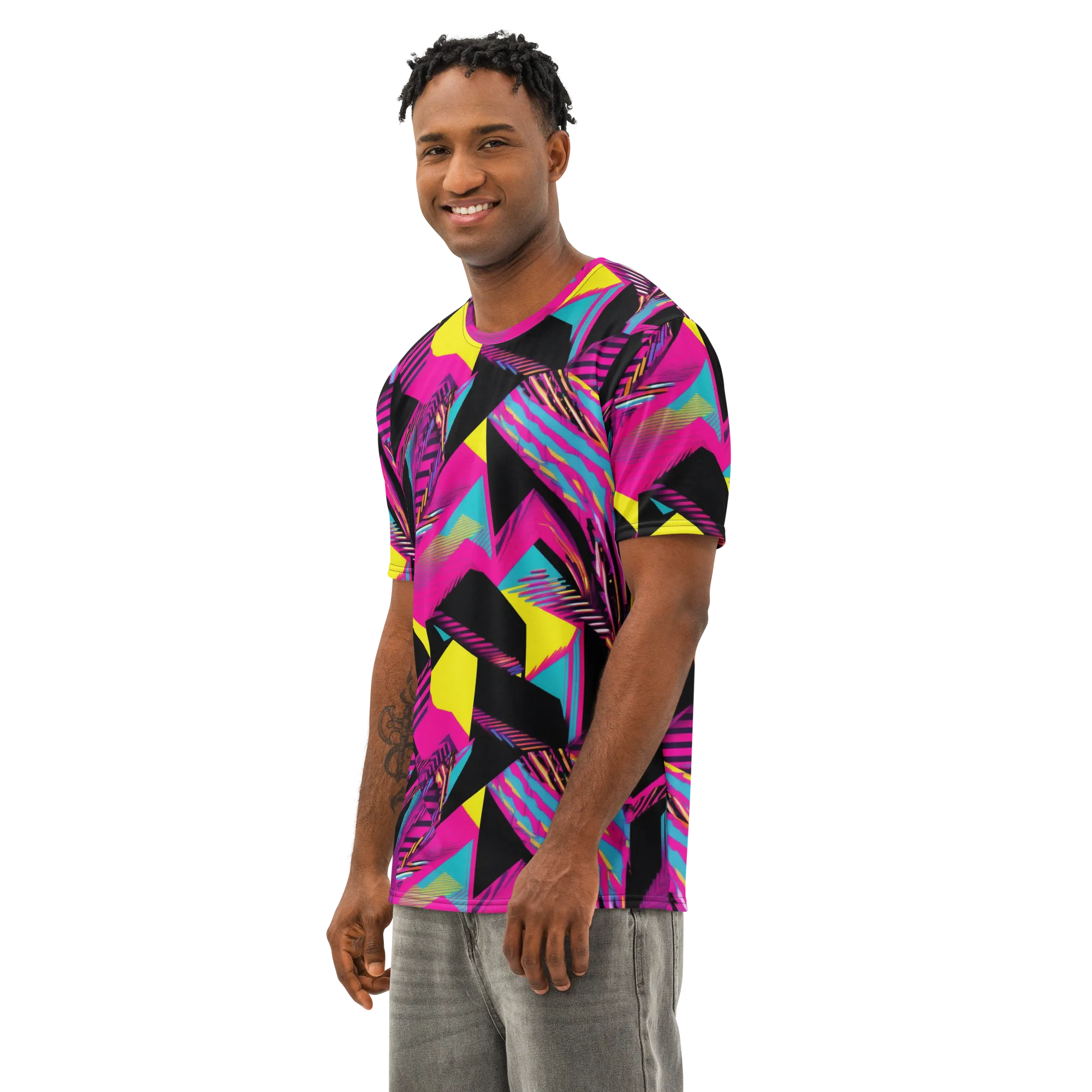 Neon Stairwell on Men's Cotton Crew Neck T-Shirt — Left Front