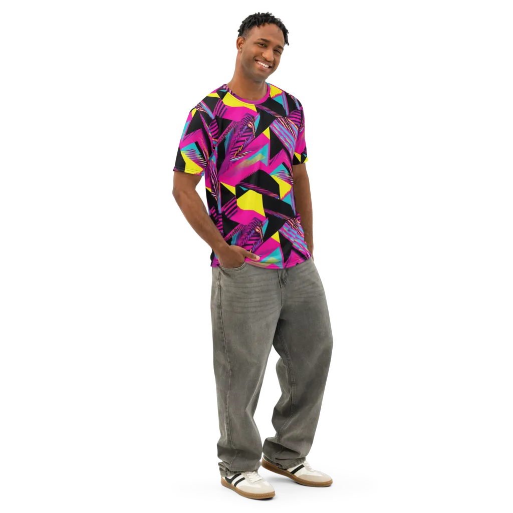 Neon Stairwell on Men's Cotton Crew Neck T-Shirt — Right Front