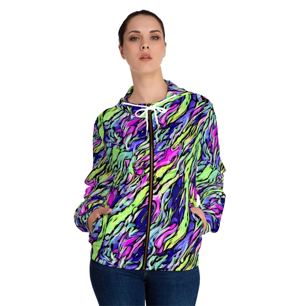 Fluoro Current on Women's Full-Zip Hoodie — Front On Person