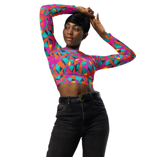 Tropical Fracture Long Sleeve Crop Top on model