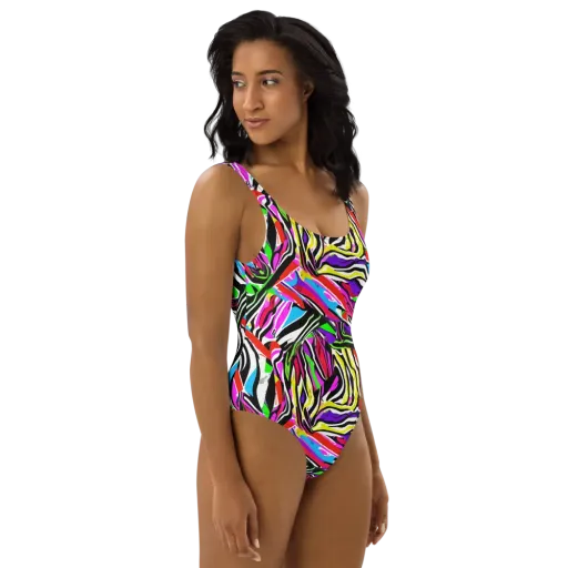 Neon Zebra Current on a One-Piece Swimsuit