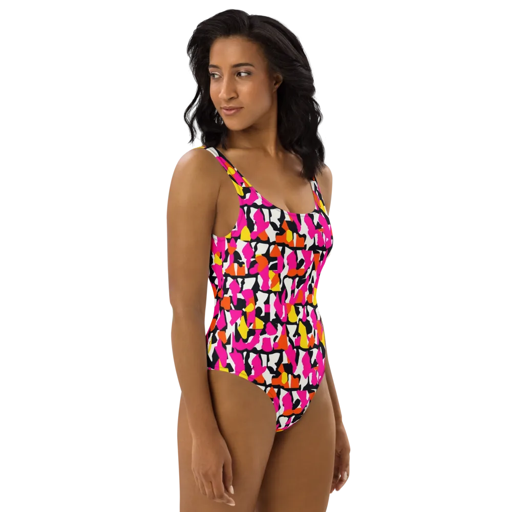 Hot Pink Mosaic on One-Piece Swimsuit — Right