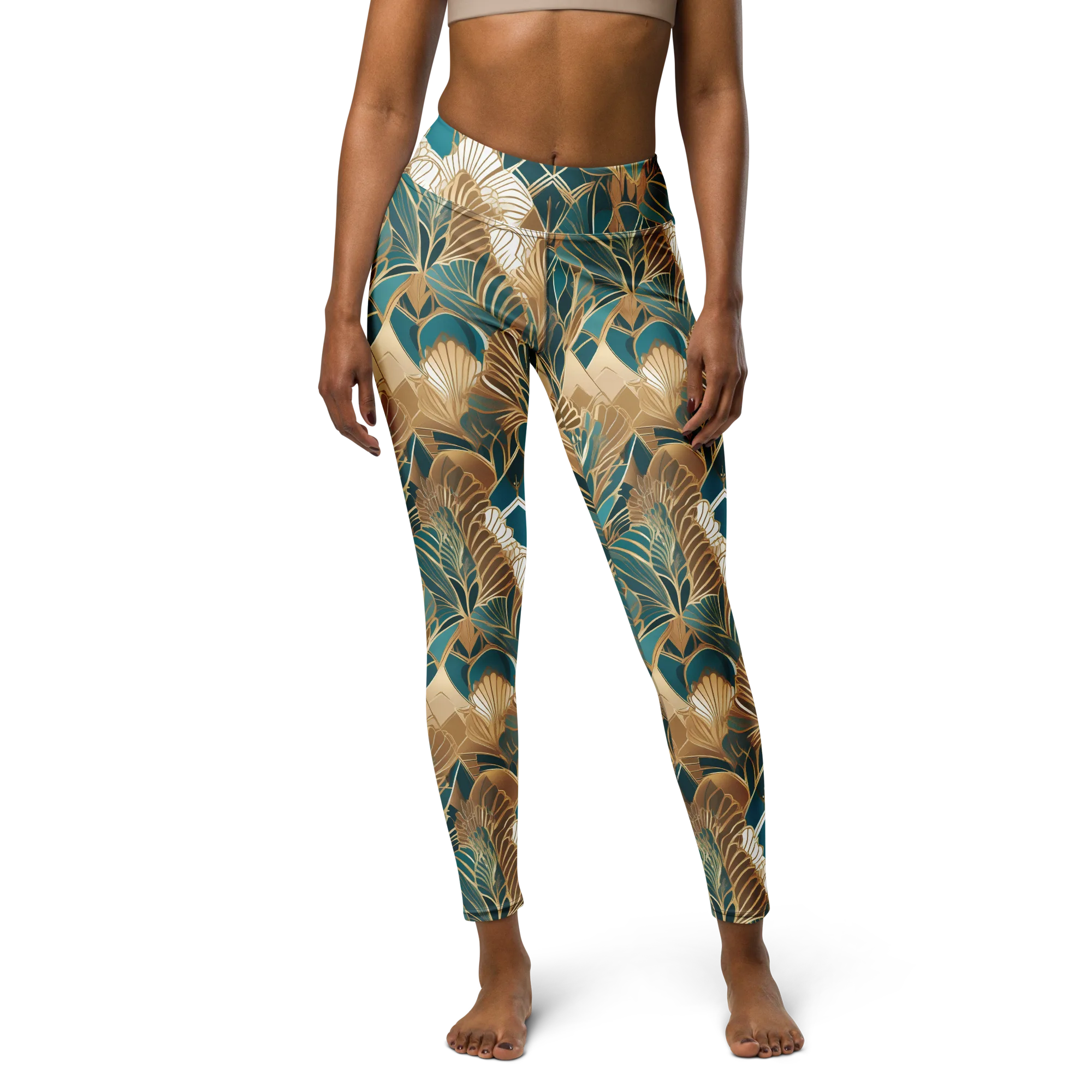 Gilded Peacock Garden on Yoga Leggings — Front