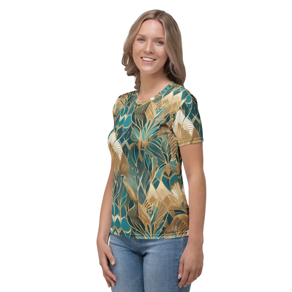 Gilded Peacock Garden on Women's Crew Neck T-Shirt — Left