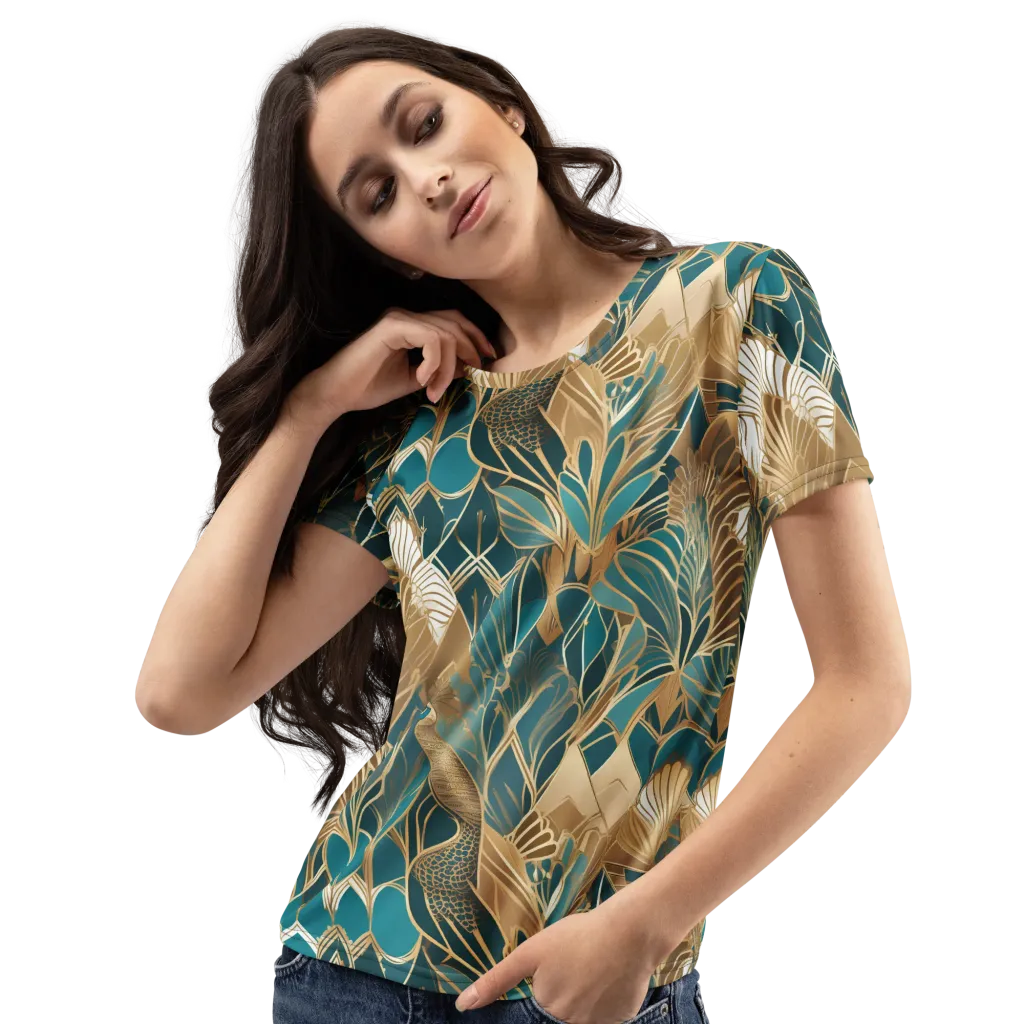 Gilded Peacock Garden on Women's Crew Neck T-Shirt — Left Front
