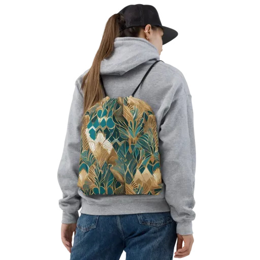 Gilded Peacock Garden on a Drawstring Bag