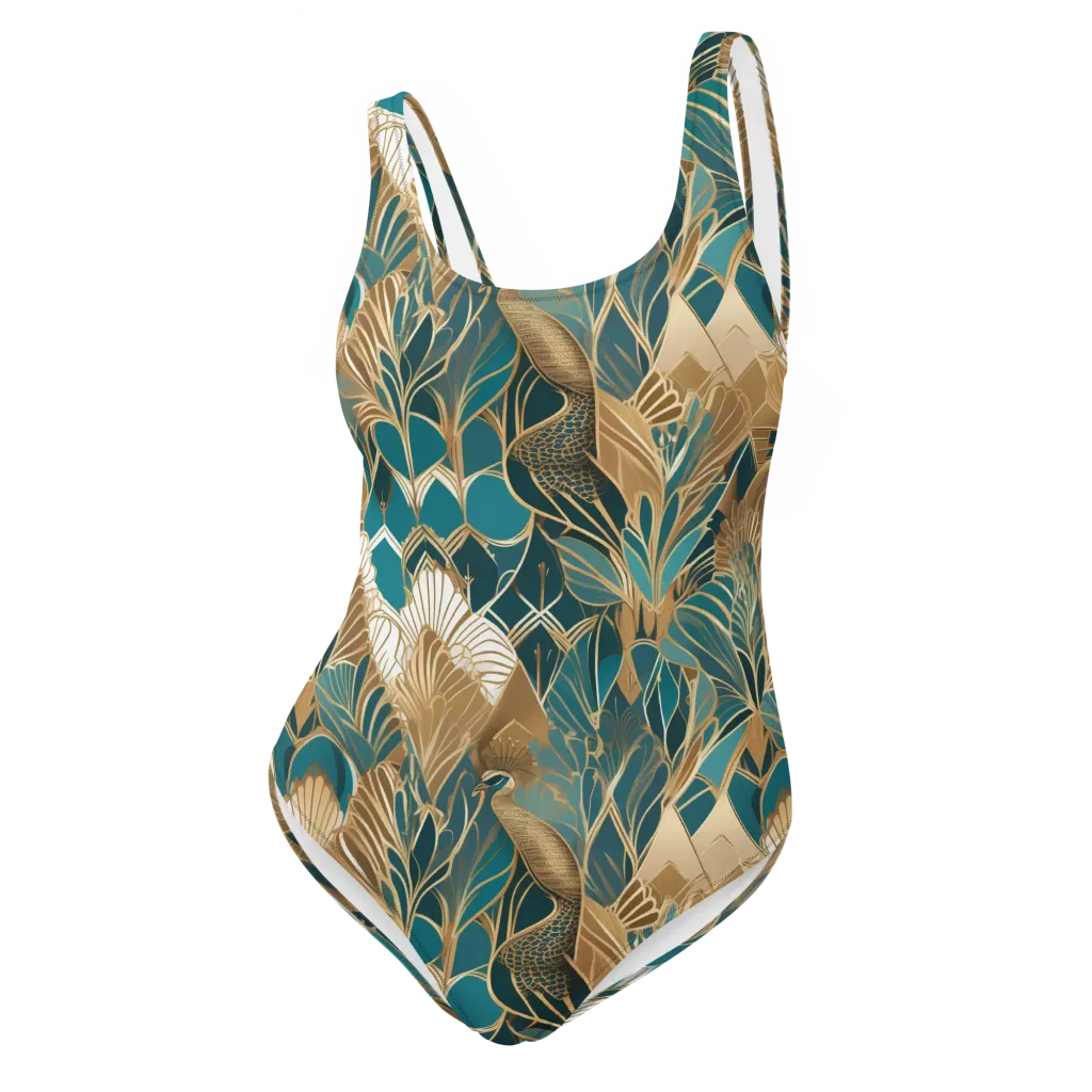 Gilded Peacock Garden on One-Piece Swimsuit — Front