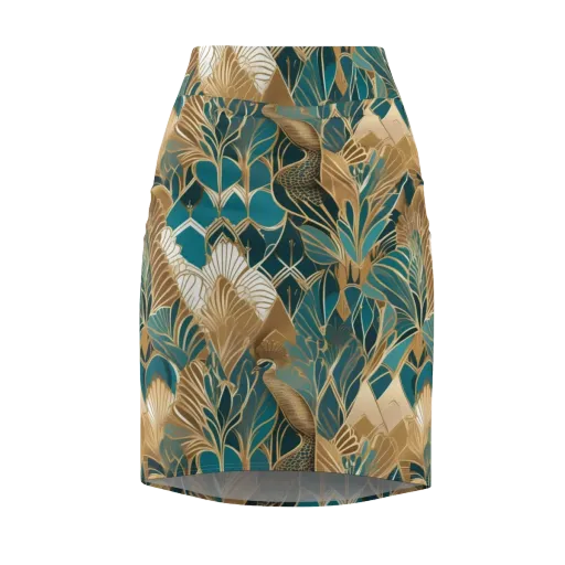 Gilded Peacock Garden on a Pencil Skirt