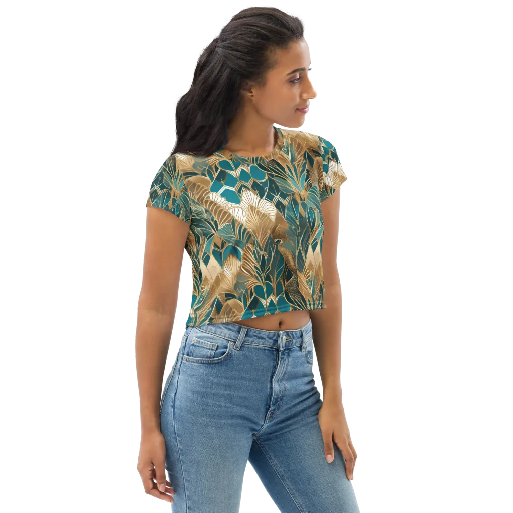 Gilded Peacock Garden on Crop Tee — Right Front