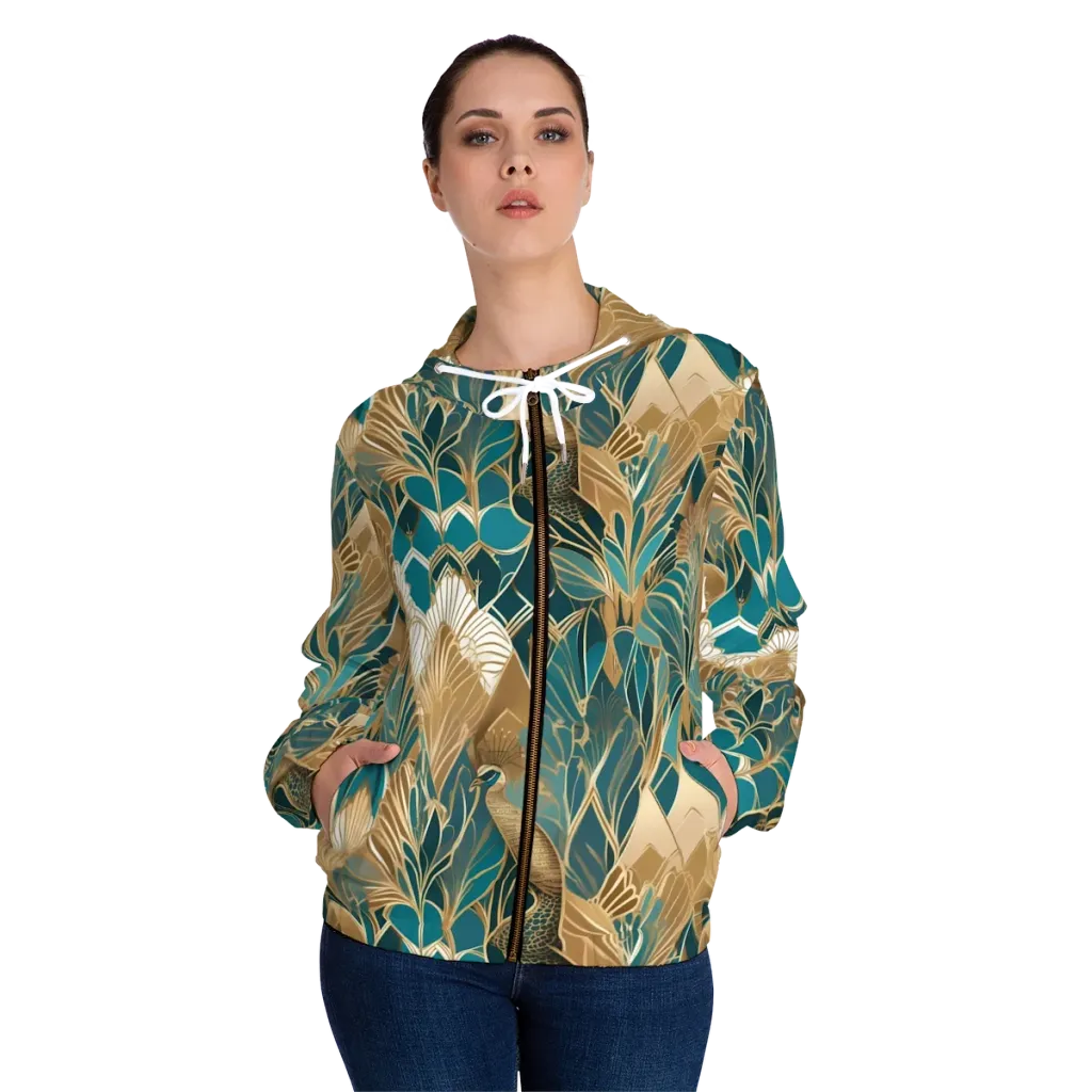 Gilded Peacock Garden on Women's Full-Zip Hoodie — Front On Person
