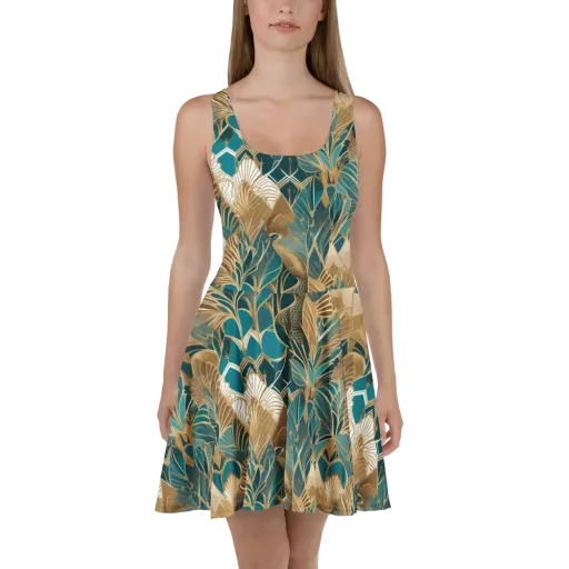 Gilded Peacock Garden on a Skater Dress