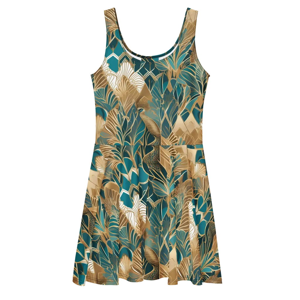 Gilded Peacock Garden on Skater Dress — Front