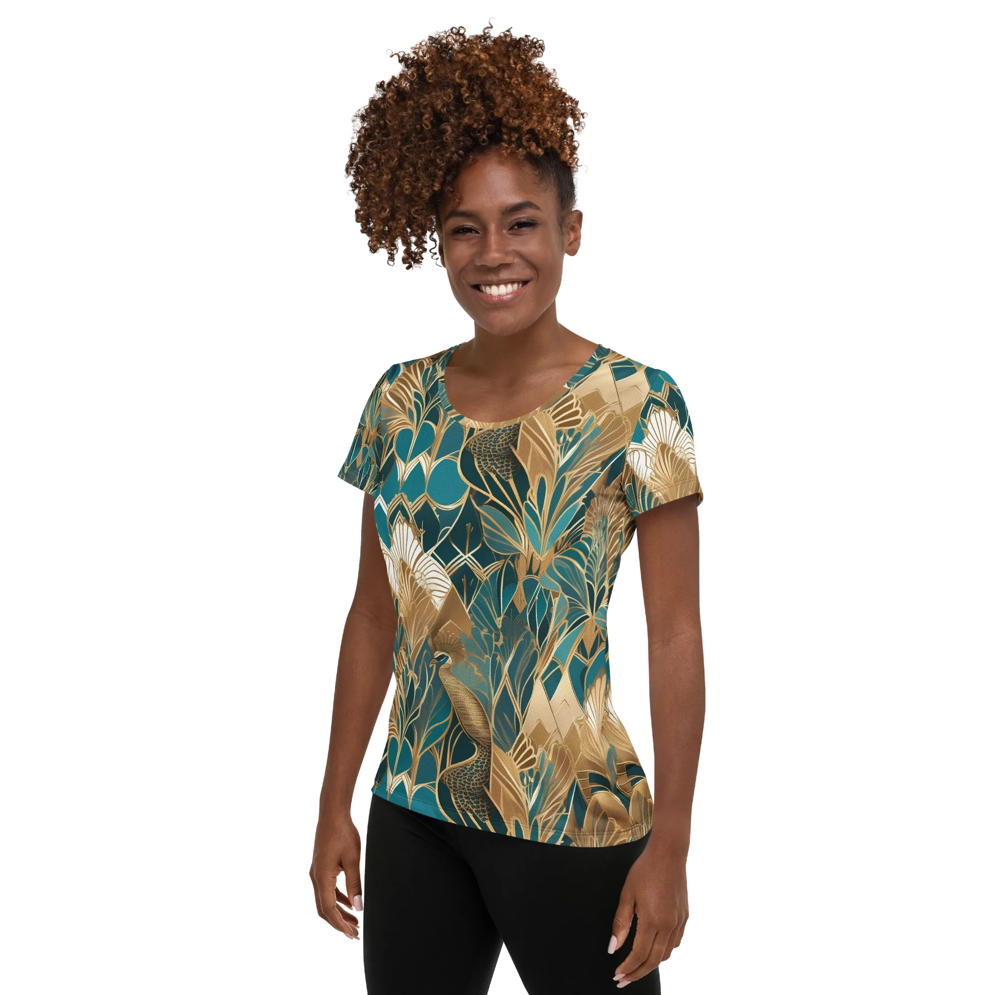 Gilded Peacock Garden on Women's Athletic T-Shirt — Left