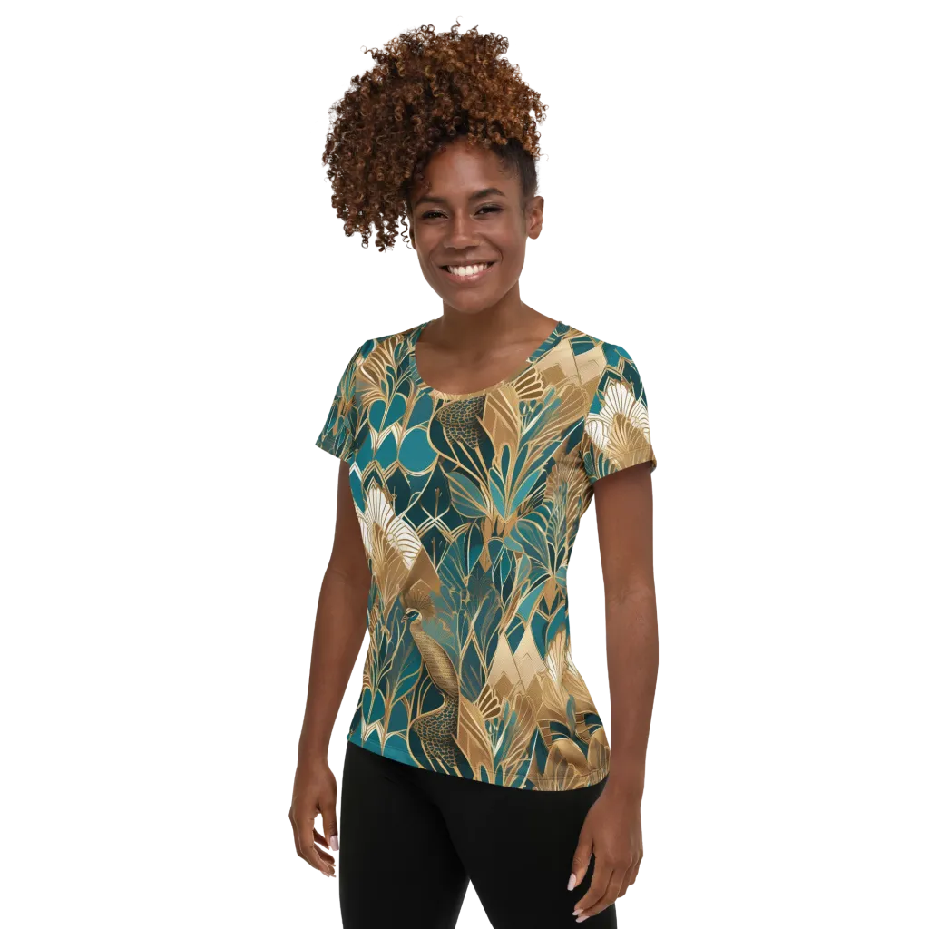 Gilded Peacock Garden on Women's Athletic T-Shirt — Left