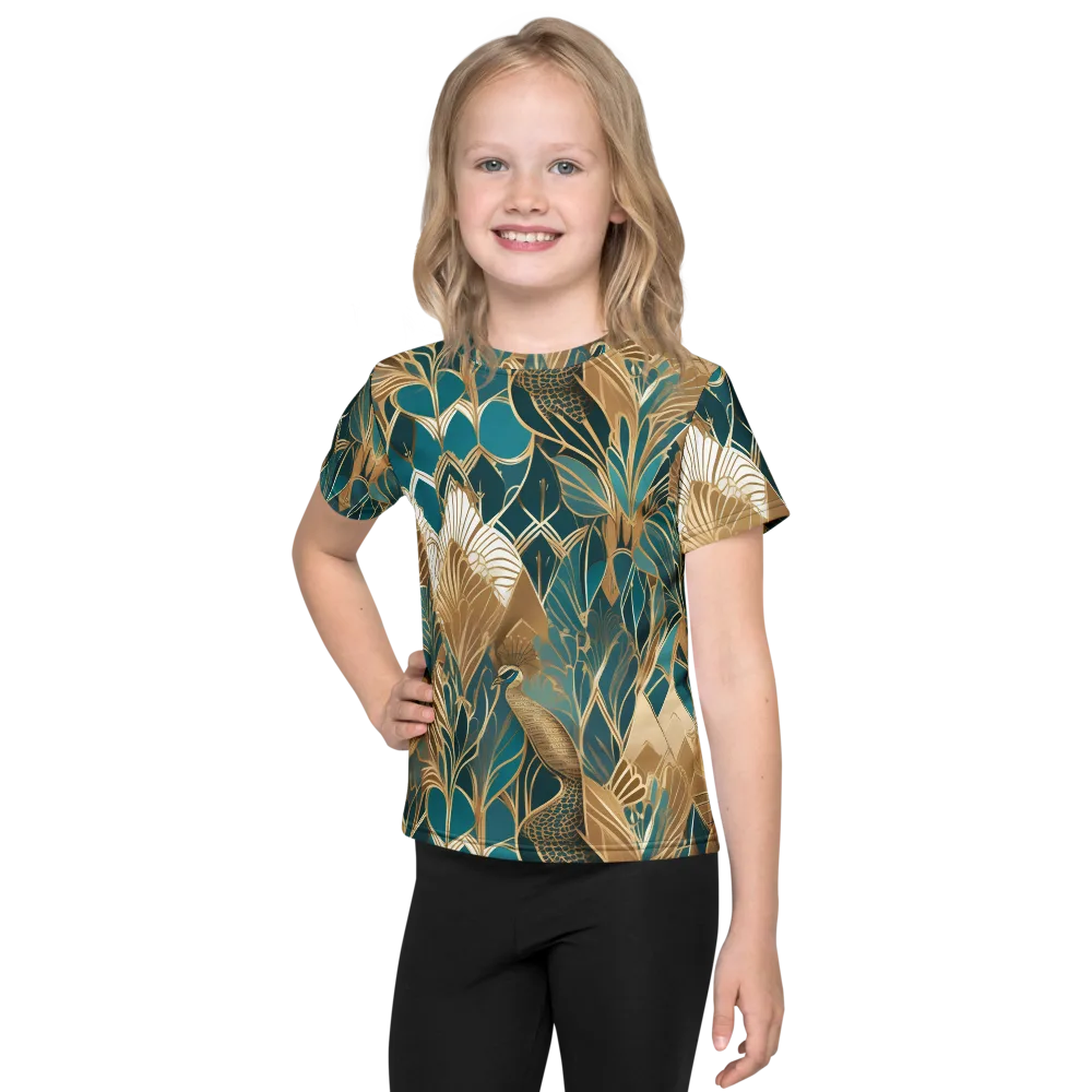 Gilded Peacock Garden on Kids Crew Neck T-Shirt — Front