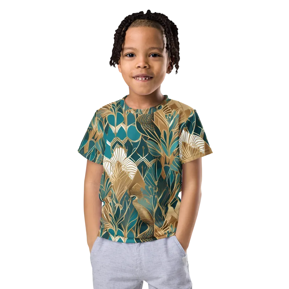 Gilded Peacock Garden on Kids Crew Neck T-Shirt — Front
