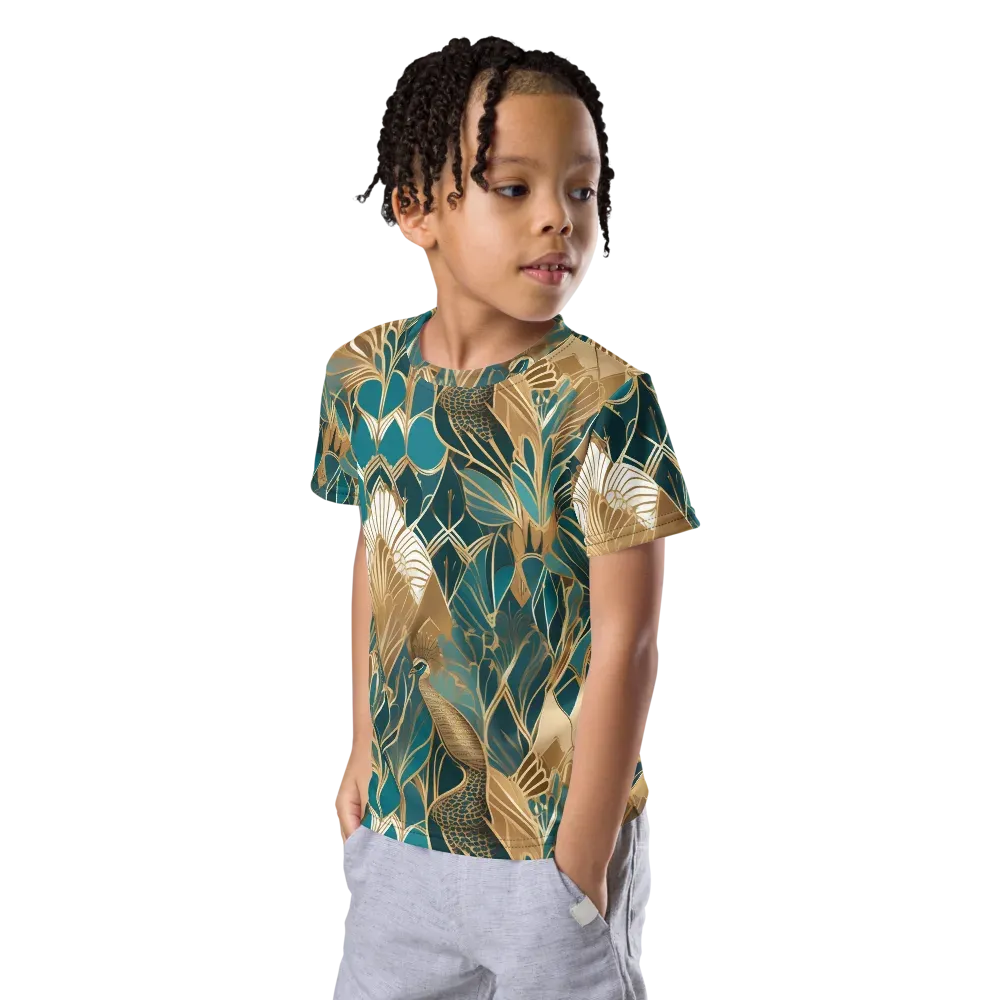 Gilded Peacock Garden on Kids Crew Neck T-Shirt — Left Front