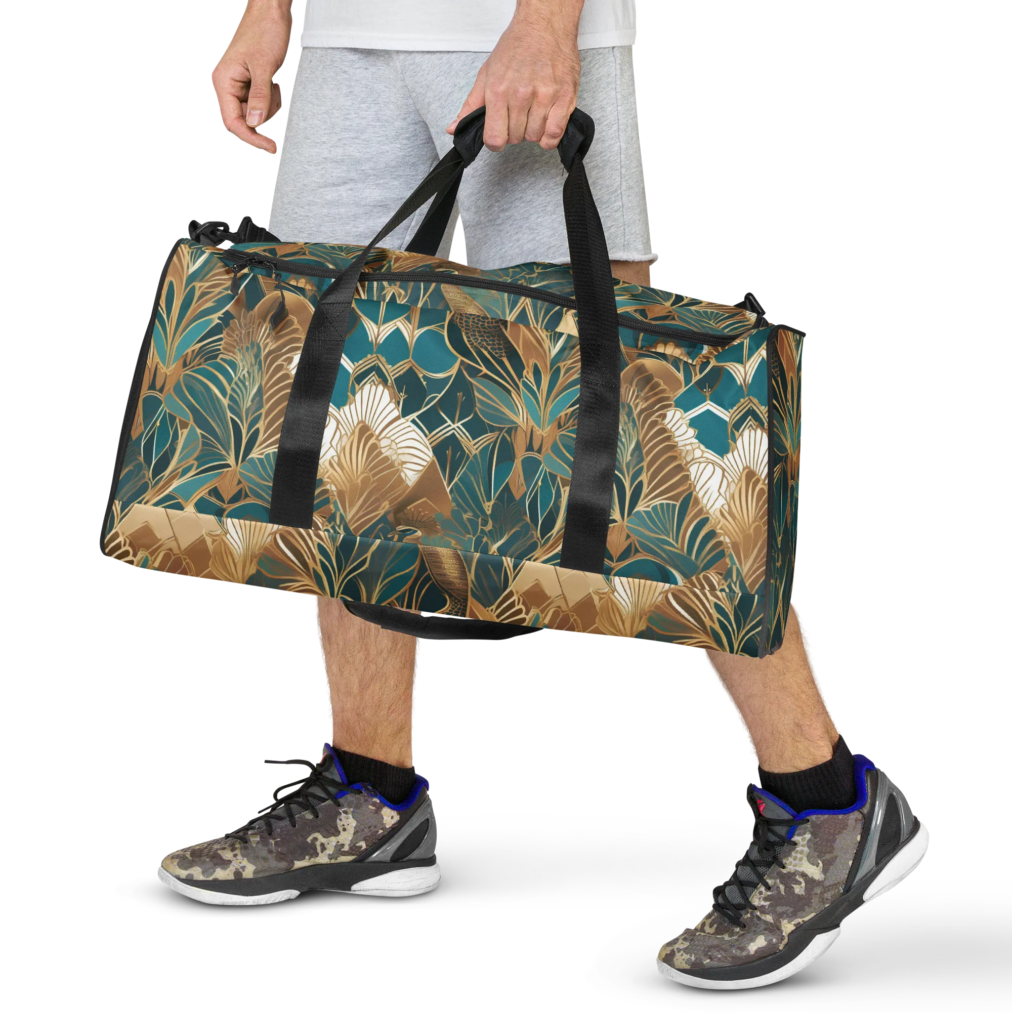Gilded Peacock Garden on Duffle Bag — Front