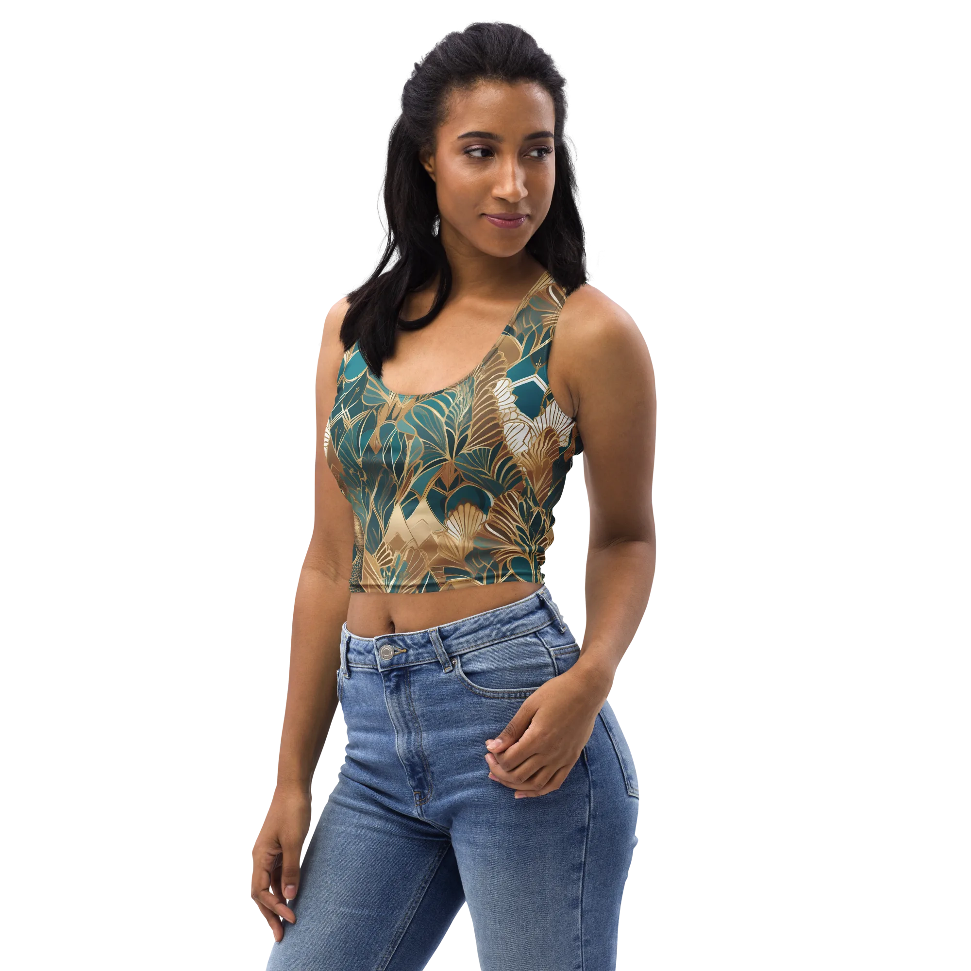 Gilded Peacock Garden on Crop Top — Left Front