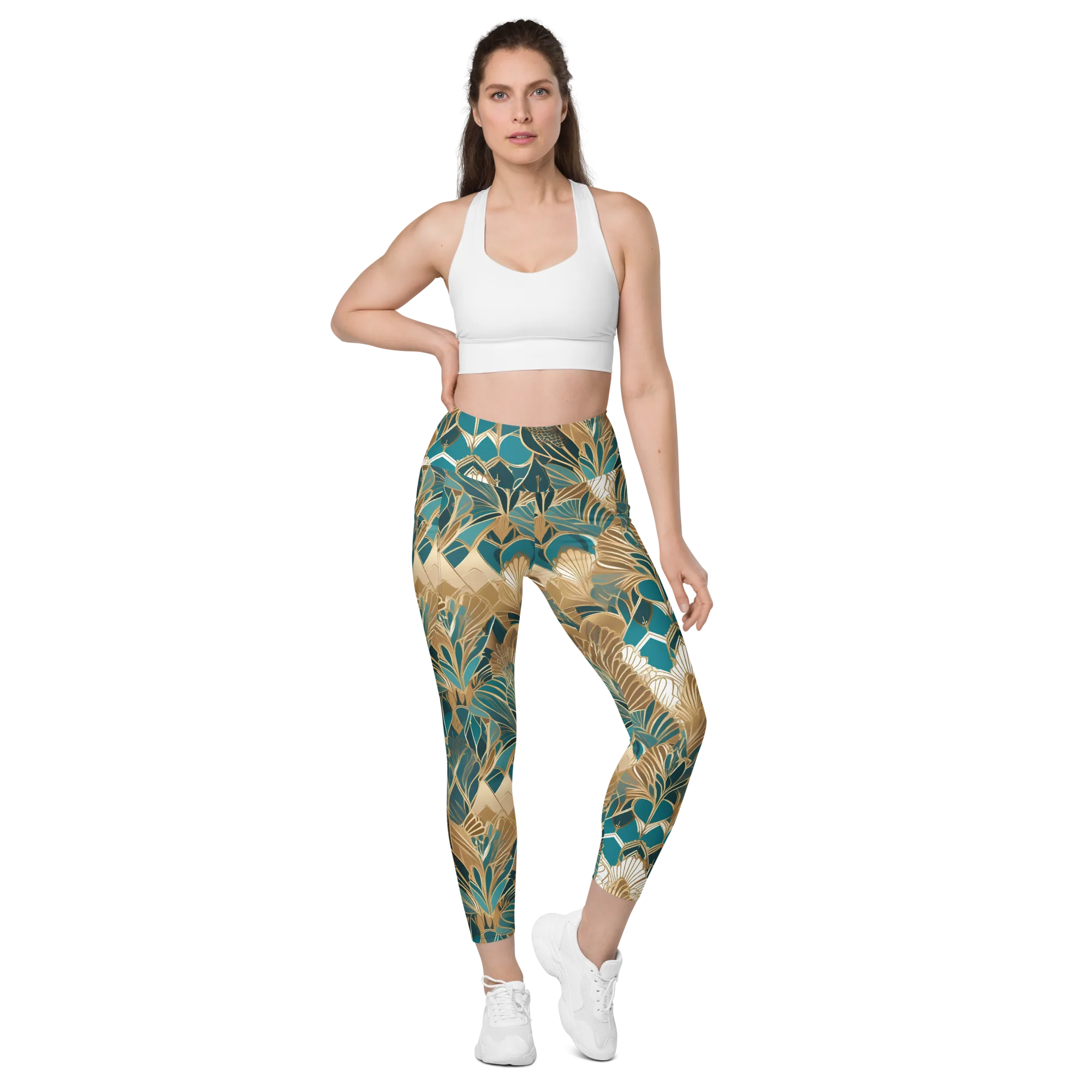 Gilded Peacock Garden on Leggings with Pockets — Front