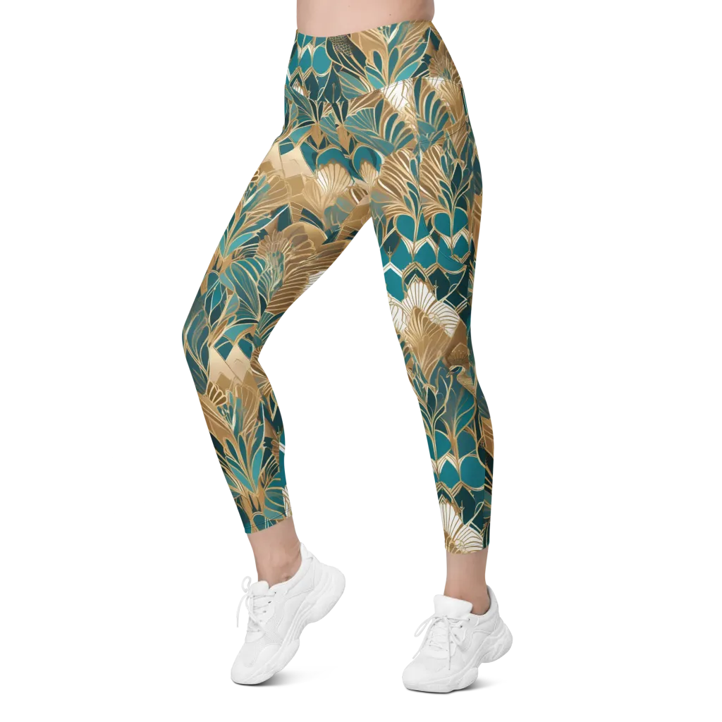 Gilded Peacock Garden on Leggings with Pockets — Left Front