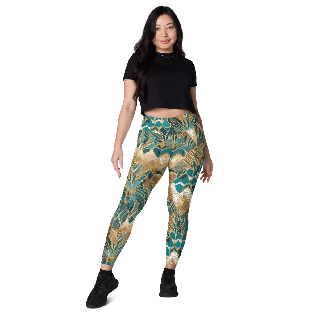 Gilded Peacock Garden on Leggings with Pockets — Front