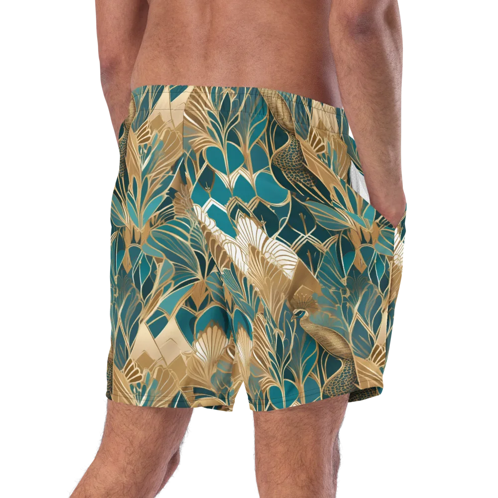 Gilded Peacock Garden on Swim Trunks — Right Back