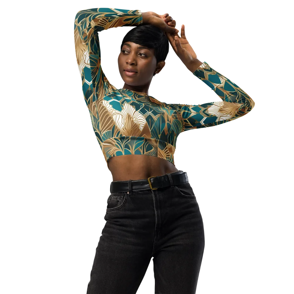 Gilded Peacock Garden on Long Sleeve Crop Top — Front