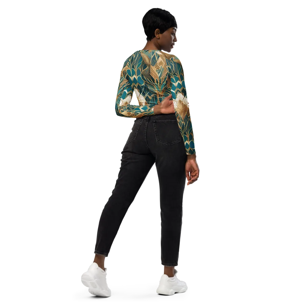 Gilded Peacock Garden on Long Sleeve Crop Top — Right Back