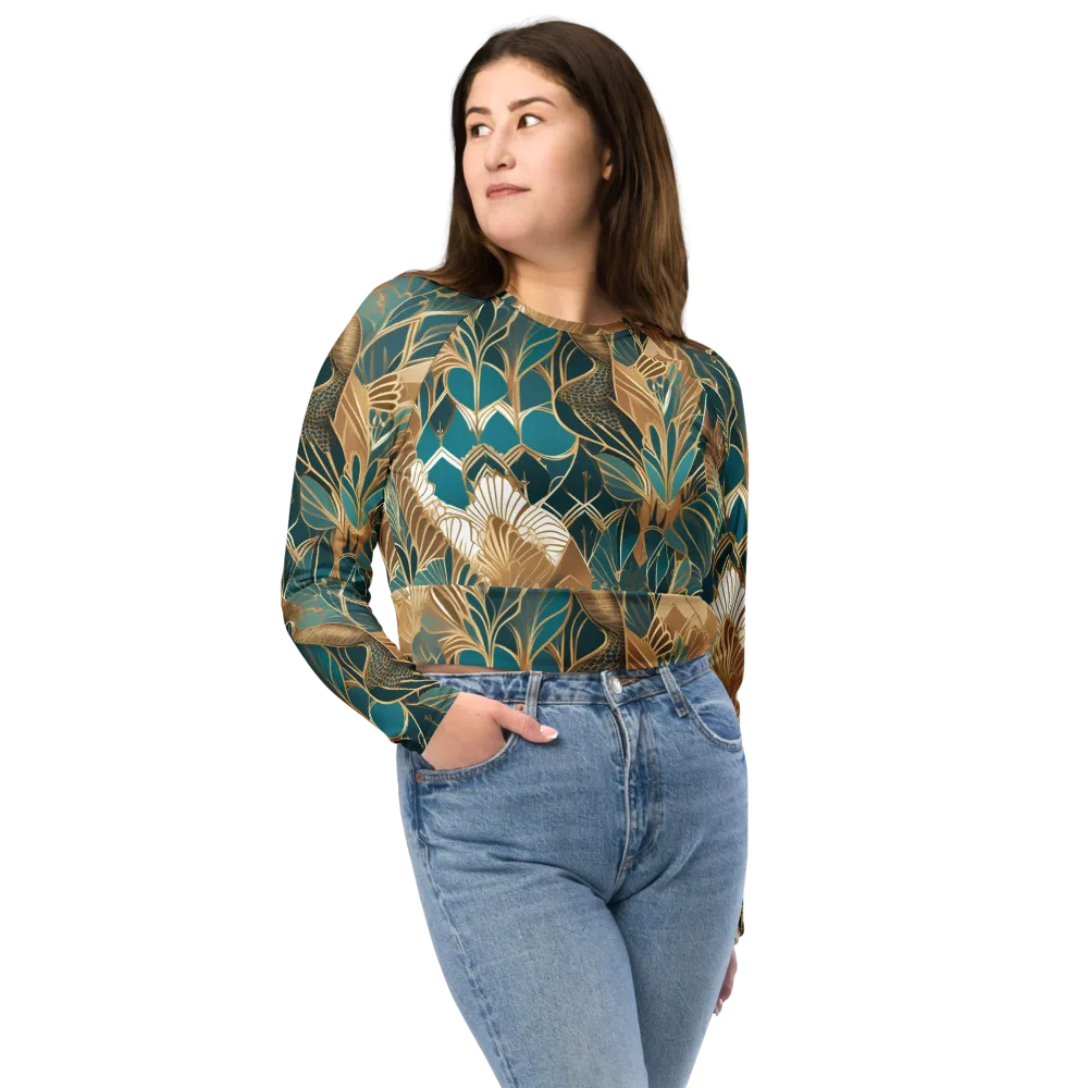 Gilded Peacock Garden on Long Sleeve Crop Top — Front