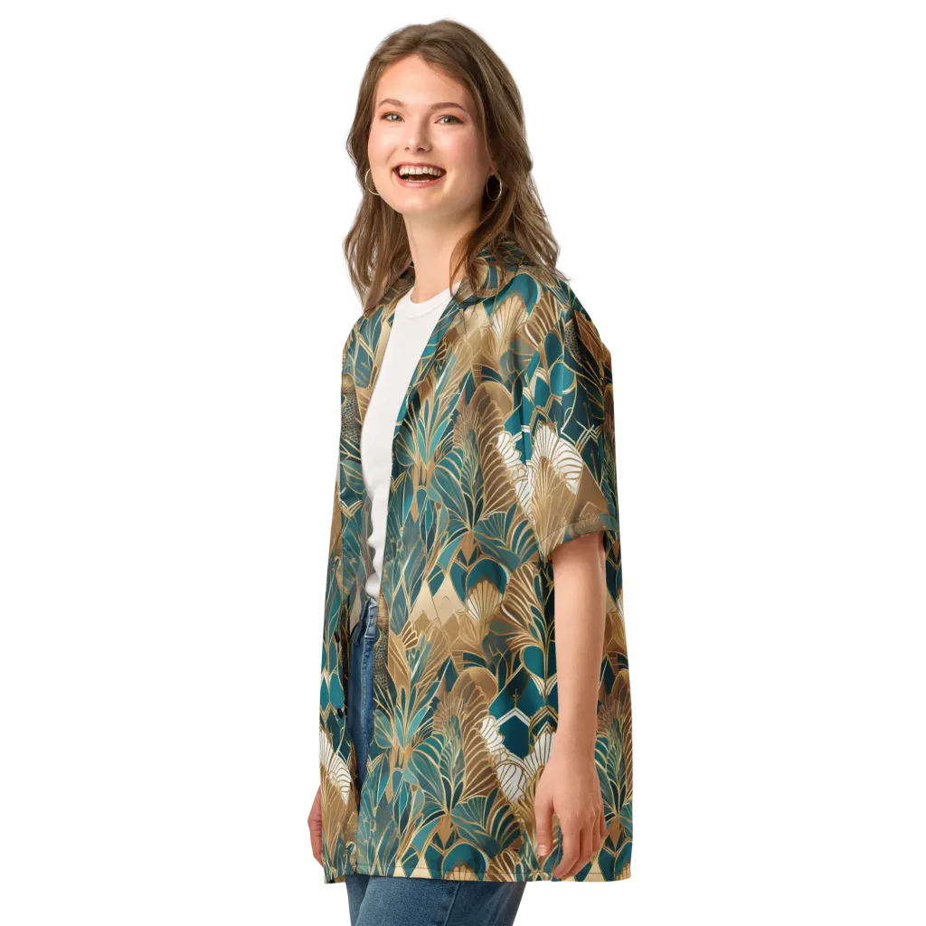 Gilded Peacock Garden on Button Shirt — Left Front