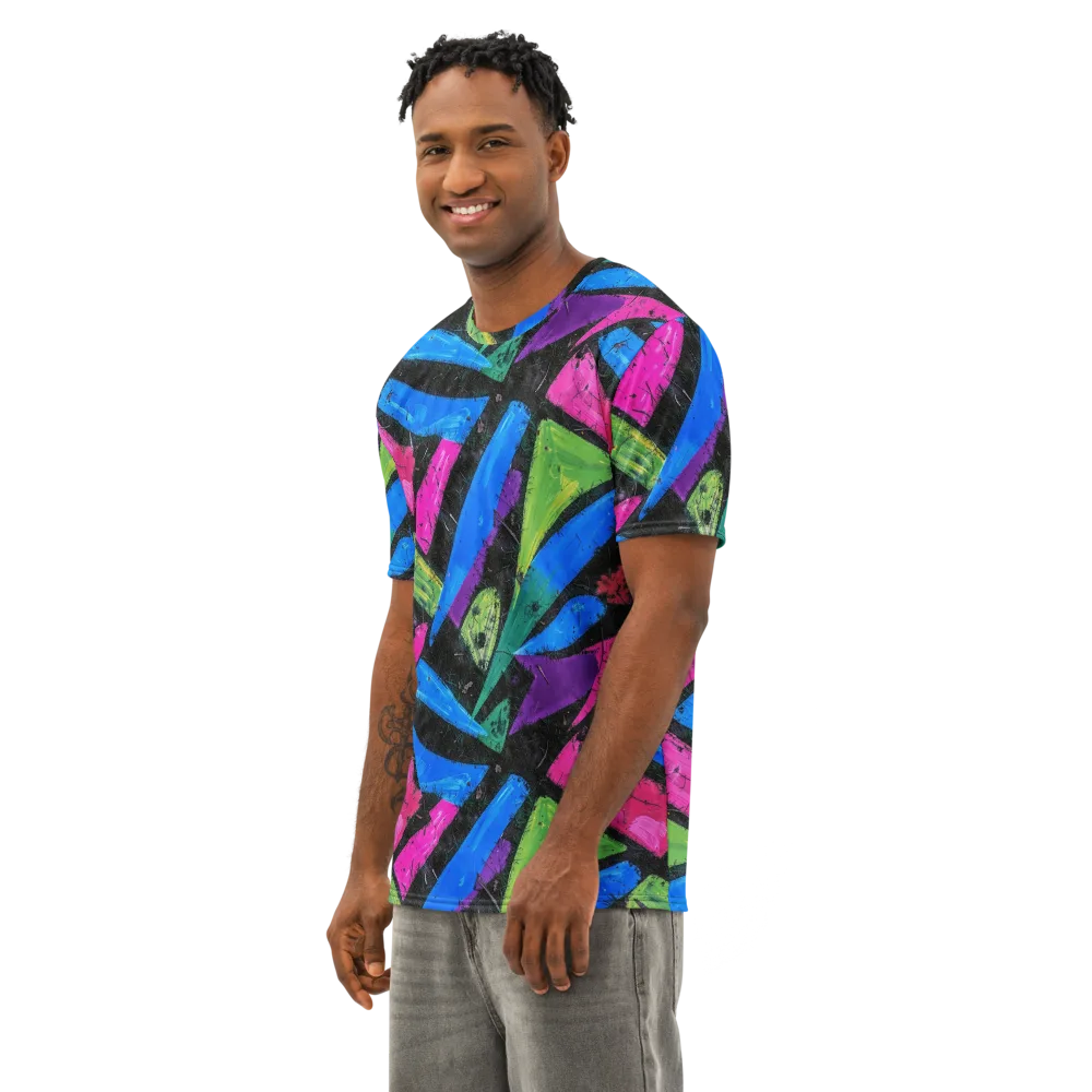 Neon Brushwork on Men's Cotton Crew Neck T-Shirt — Left Front