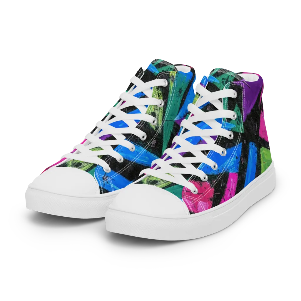 Neon Brushwork on Women's High Top Canvas Shoes — Left Front