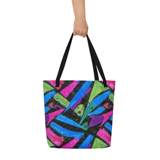 Neon Brushwork on a Large Tote Bag W/ Pocket