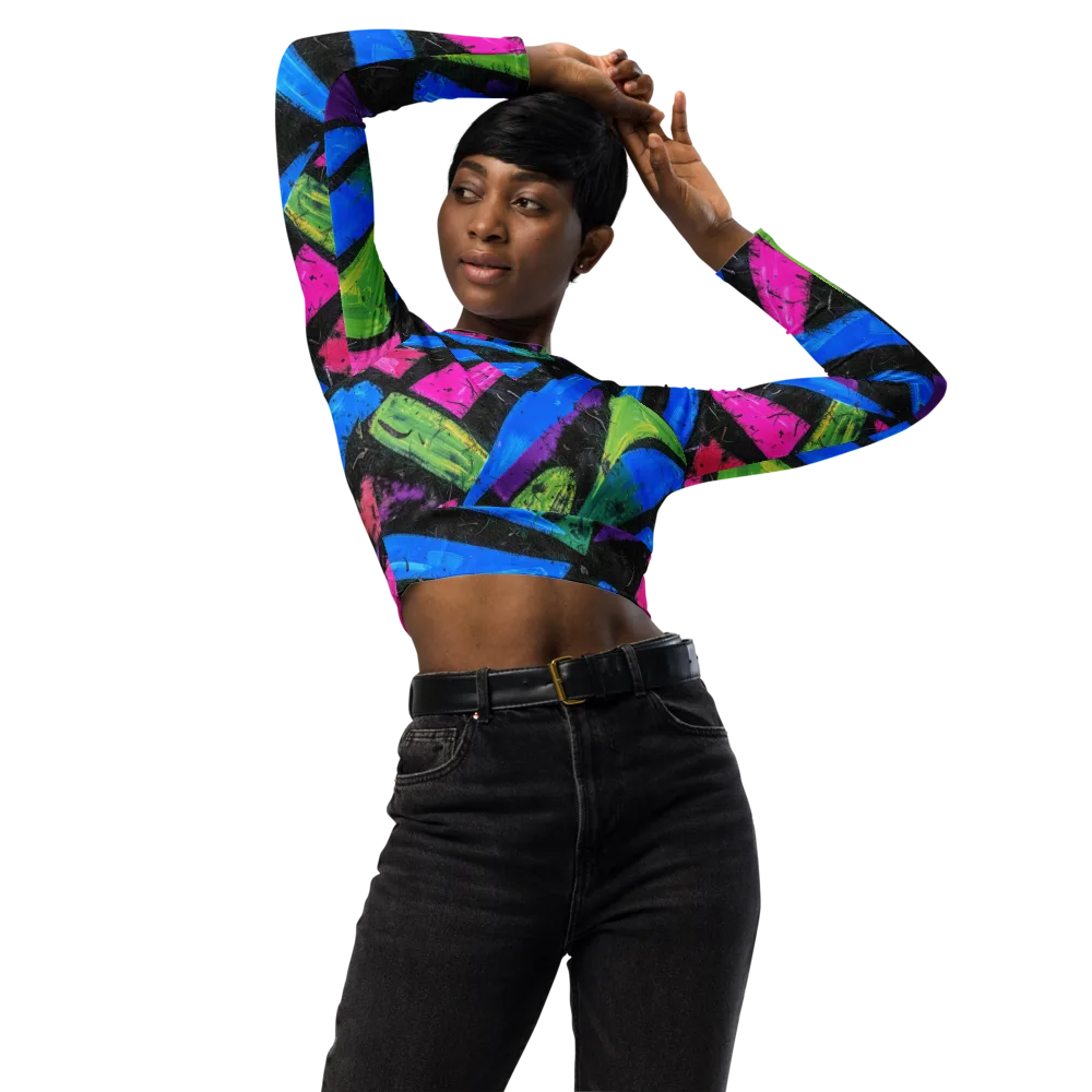 Neon Brushwork on Long Sleeve Crop Top — Front