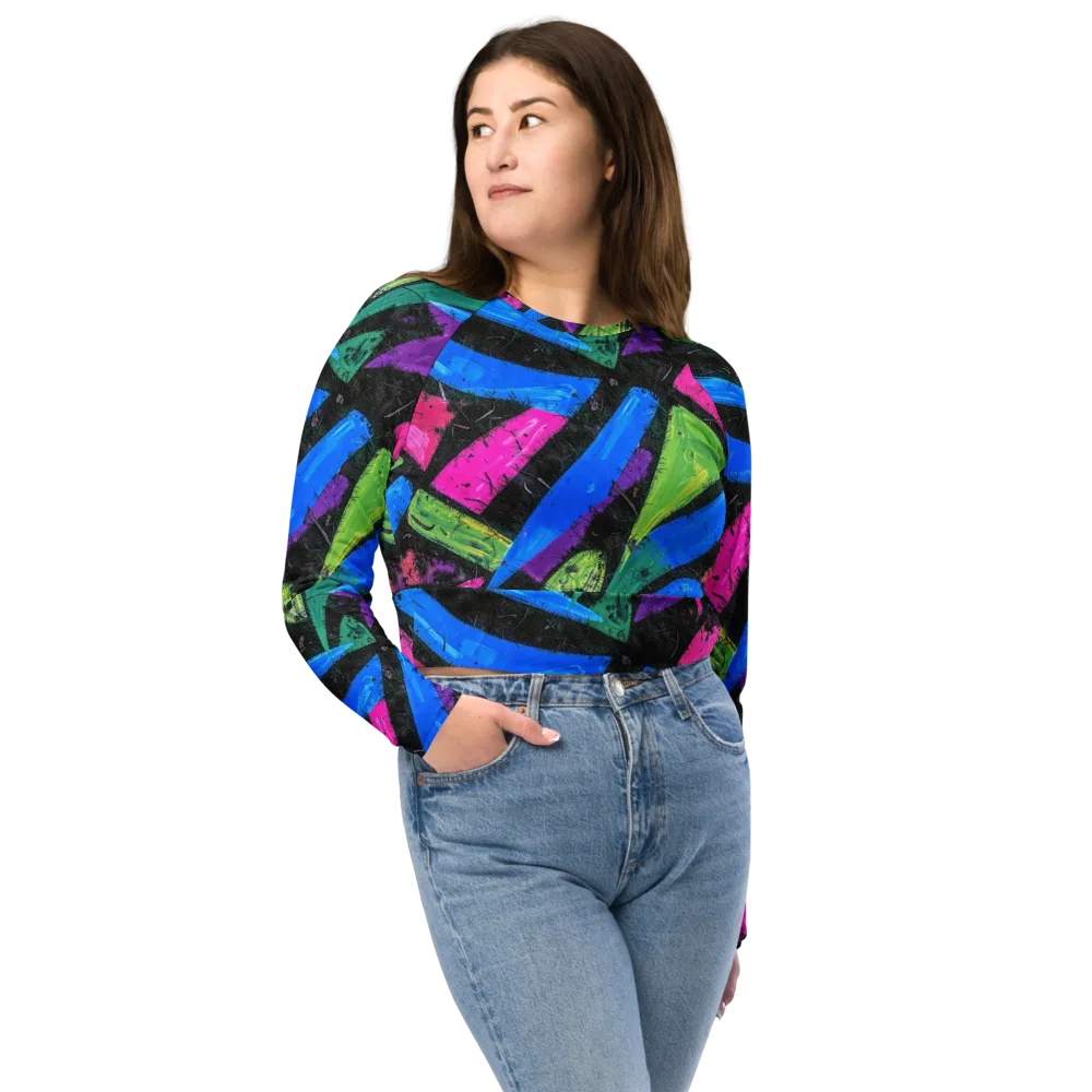 Neon Brushwork on Long Sleeve Crop Top — Front