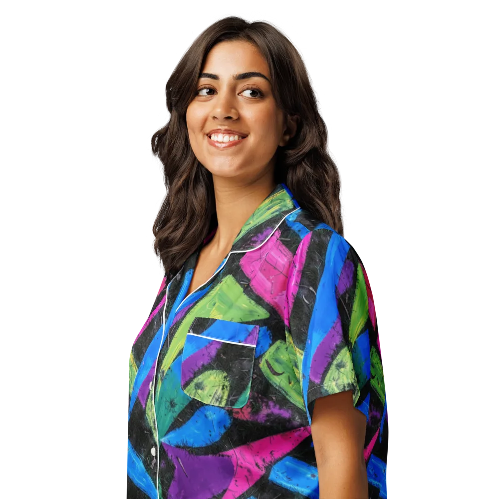 Neon Brushwork on Women's Short Sleeve Pajama Top — Left Front